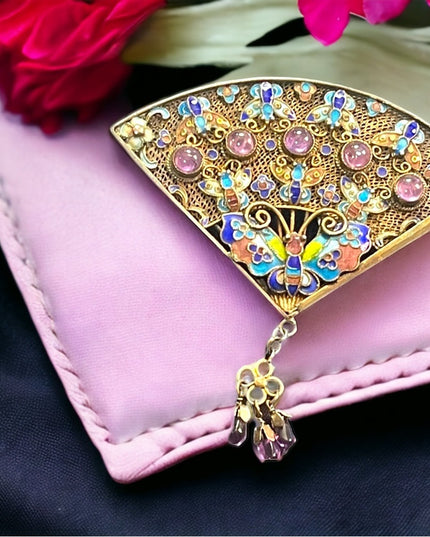 Antique silver sterling 925 China filagree enameled butterfly amethyst brooch