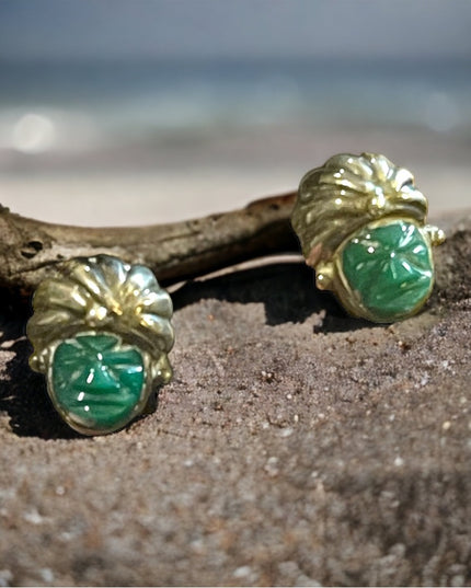 Vintage Mexican Sterling silver Aztec Mayan Warrior 925 Green onyx earrings RRA