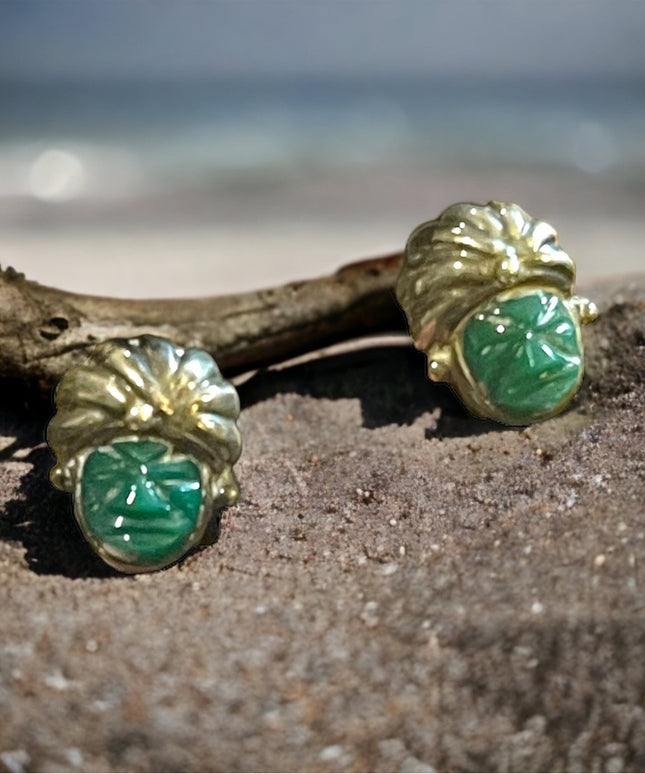 Vintage Mexican Sterling silver Aztec Mayan Warrior 925 Green onyx earrings RRA