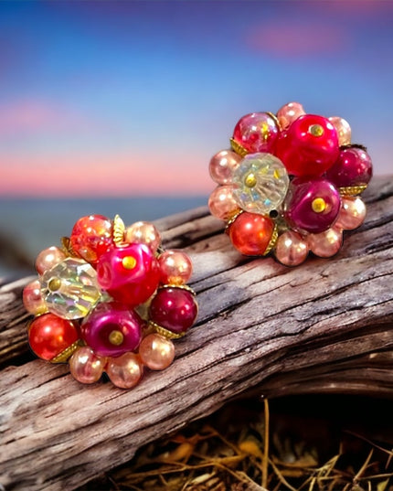 Vintage 1950s Flamingo pink variety fancy clip on earrings w crystals