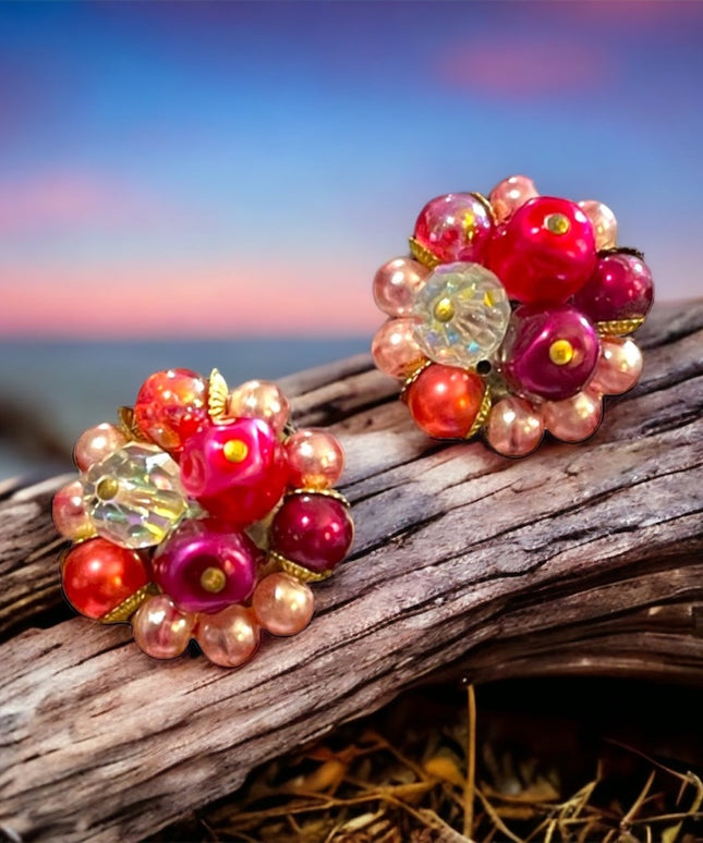Vintage 1950s Flamingo pink variety fancy clip on earrings w crystals