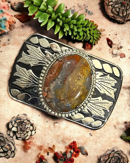 Vintage 1970s South Western Authentic Large Jasper silver finish belt buckle