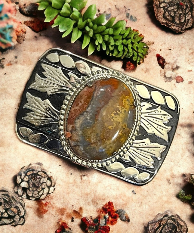 Vintage 1970s South Western Authentic Large Jasper silver finish belt buckle