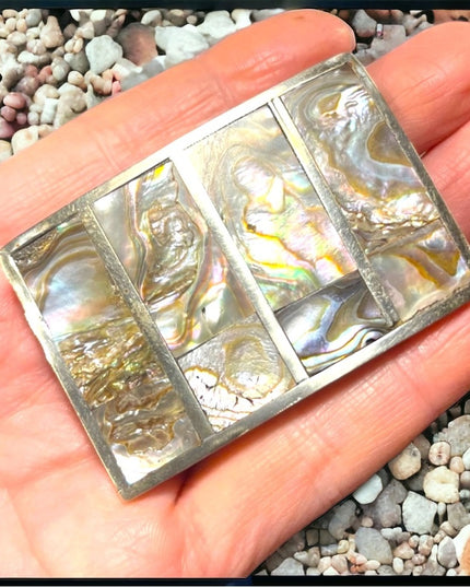 Vintage 1960s Mexico Abalone shell Alpaca silver belt buckle