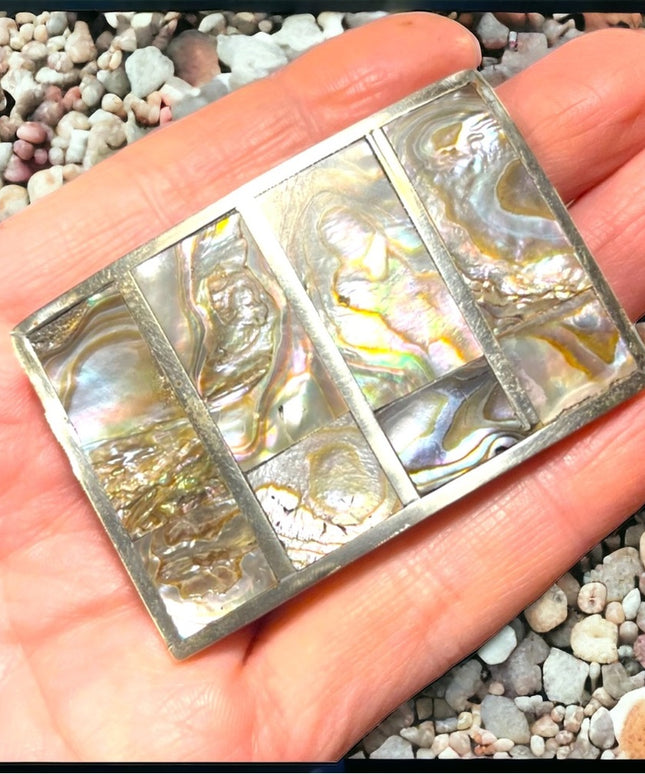 Vintage 1960s Mexico Abalone shell Alpaca silver belt buckle