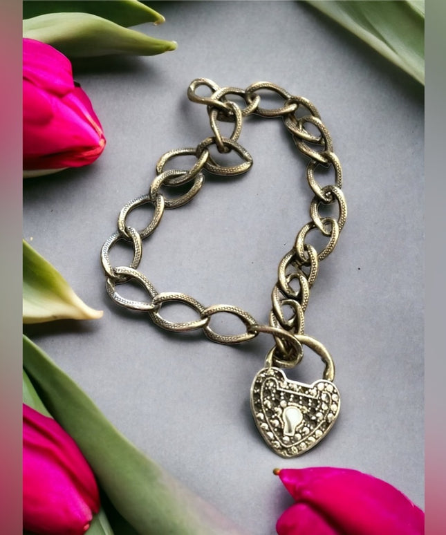 Antique Sterling silver Marcasite padlock heart keepsake bracelet sweetheart