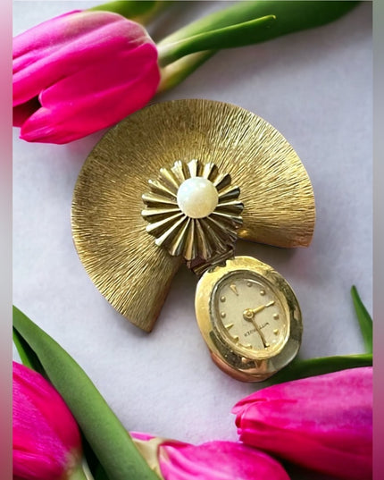 Vintage 10k Gold filled Wittenhauer Nurses Brooch watch Gold w/ pearl