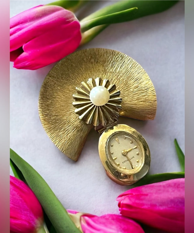 Vintage 10k Gold filled Wittenhauer Nurses Brooch watch Gold w/ pearl