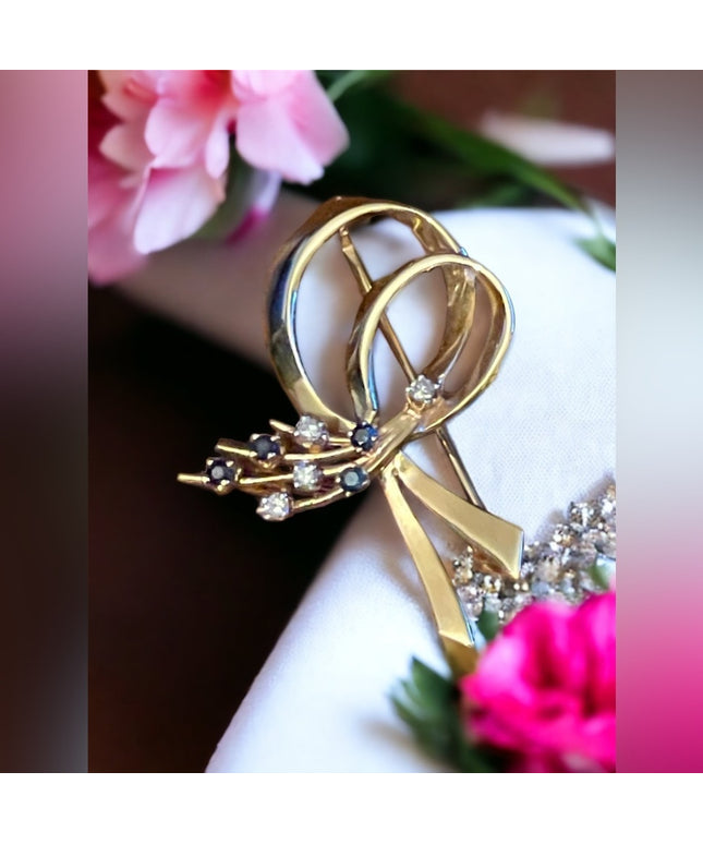 Vintage 10k Yellow gold Sapphire & diamond Bow brooch