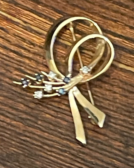 Vintage 10k Yellow gold Sapphire & diamond Bow brooch