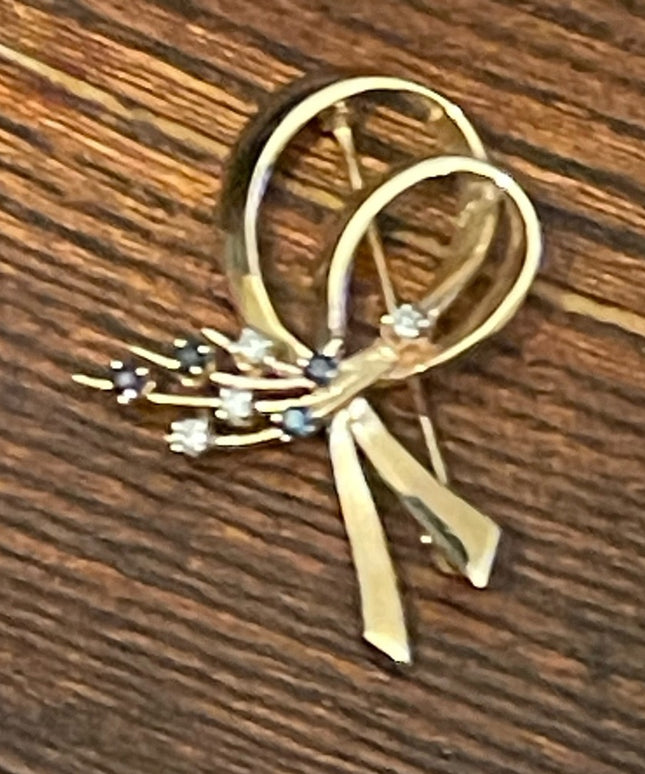 Vintage 10k Yellow gold Sapphire & diamond Bow brooch