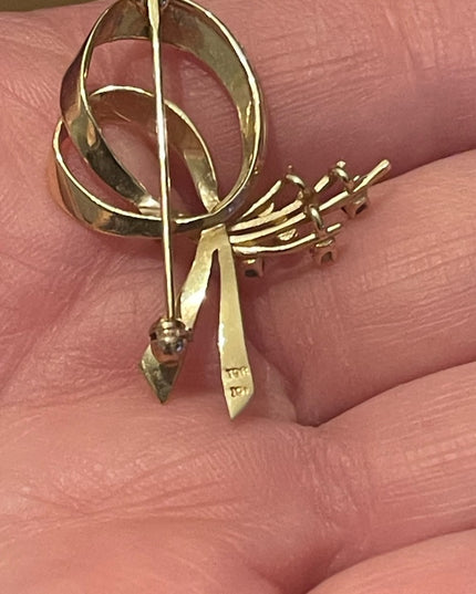Vintage 10k Yellow gold Sapphire & diamond Bow brooch