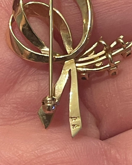 Vintage 10k Yellow gold Sapphire & diamond Bow brooch