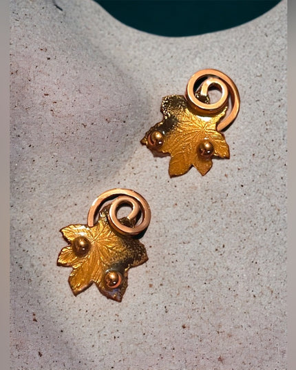 Vintage 1950s Matisse Copper enamel RARE clip on Maple leaf earrings