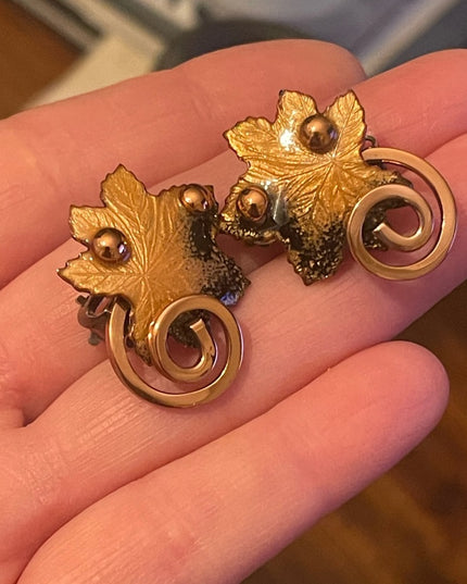 Vintage 1950s Matisse Copper enamel RARE clip on Maple leaf earrings