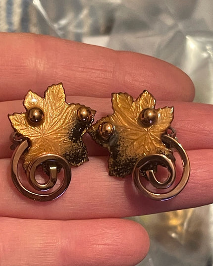 Vintage 1950s Matisse Copper enamel RARE clip on Maple leaf earrings