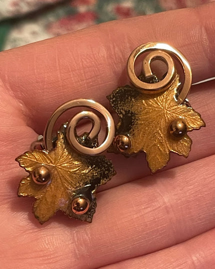 Vintage 1950s Matisse Copper enamel RARE clip on Maple leaf earrings