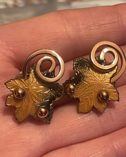 Vintage 1950s Matisse Copper enamel RARE clip on Maple leaf earrings