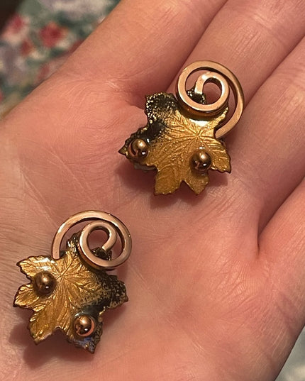 Vintage 1950s Matisse Copper enamel RARE clip on Maple leaf earrings