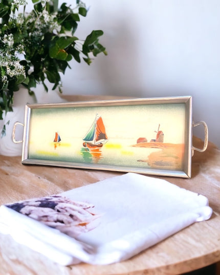 Vintage mid century Nautical sailboat water  windmil painted glass serving tray