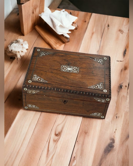 Antique Solid wood Pearl inlay carved wood box jewelry