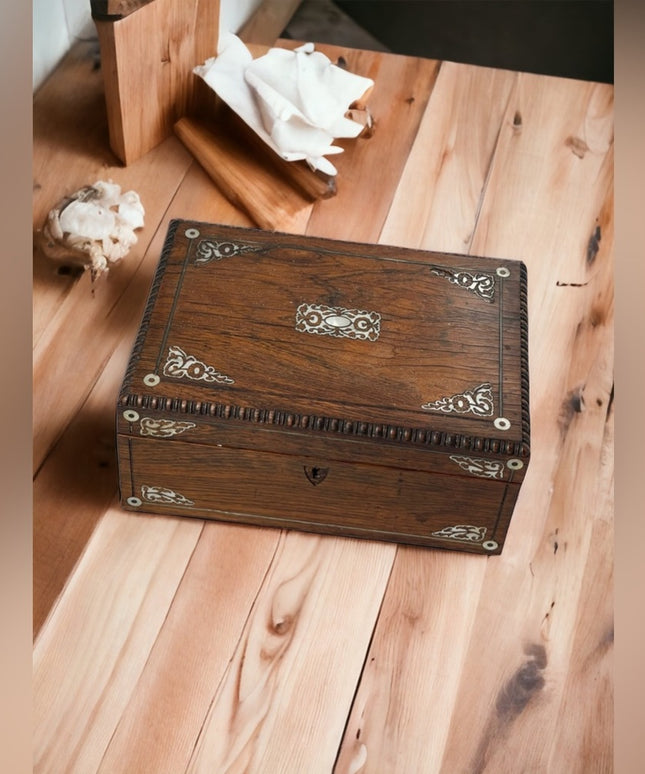 Antique Solid wood Pearl inlay carved wood box jewelry