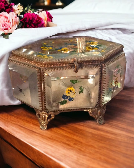 Victorian Antique beveled glass jewelry box hand painted floral