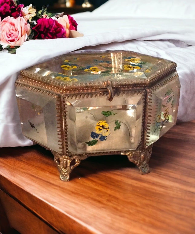 Victorian Antique beveled glass jewelry box hand painted floral