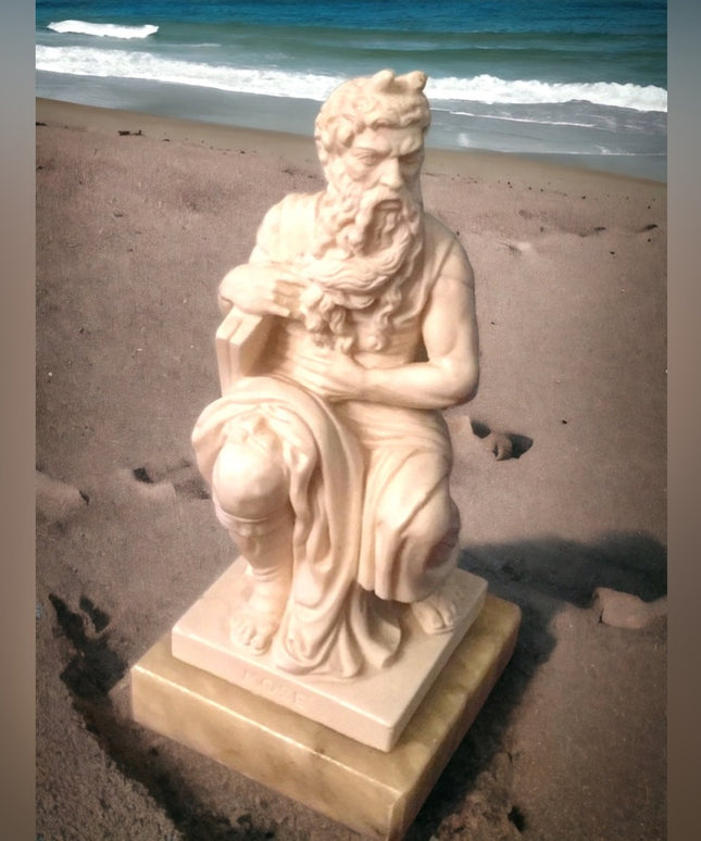 Solid Alabaster Mose on marble statue Unsigned Vintage