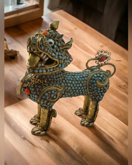 VTG Gild Filagree Fu Foo Dog Coral & Turquoise