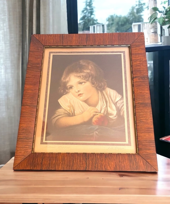 Antique 1870s Campbell Co lithograph Jean Greuze Print Girl with an apple Framed