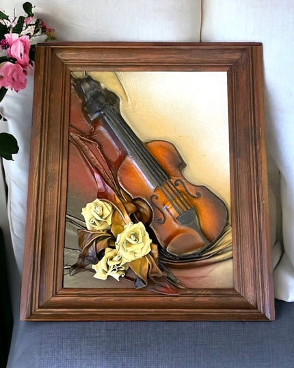 VTG High Relief Handmade leather Violin & flowers Hanging  heavy 3D picture