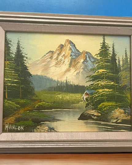 Vintage signed framed landscape mountains oil painting on canvas