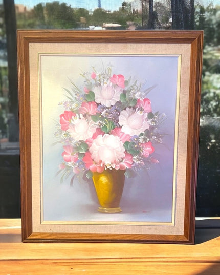 Vintage wood framed flower oil painting on canvas