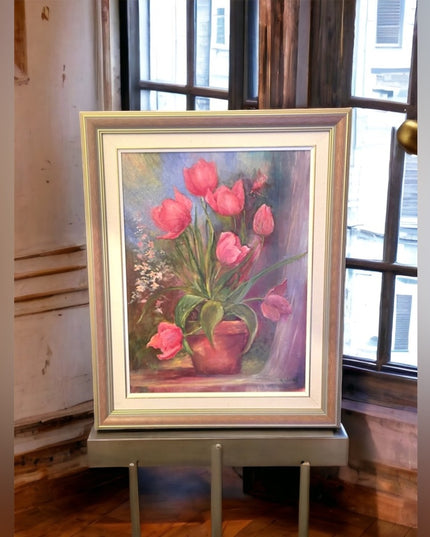 Vintage 1980s Signed foower oil painting Lovely pink tulips pro framed