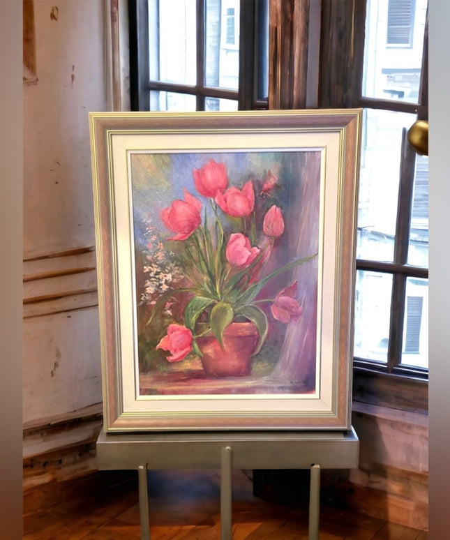 Vintage 1980s Signed foower oil painting Lovely pink tulips pro framed
