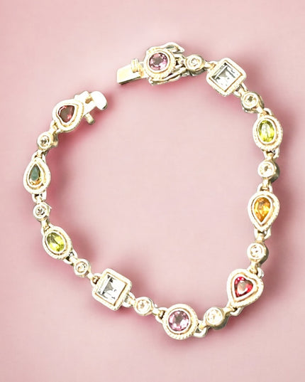 Sterling silver 925 Simulated multi gemstone fancy tennis bracelet