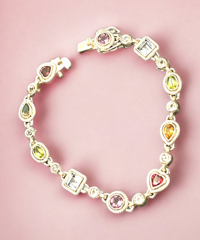 Sterling silver 925 Simulated multi gemstone fancy tennis bracelet