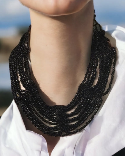 Vintage black micro bead cleopatra necklace choker multi strand thick