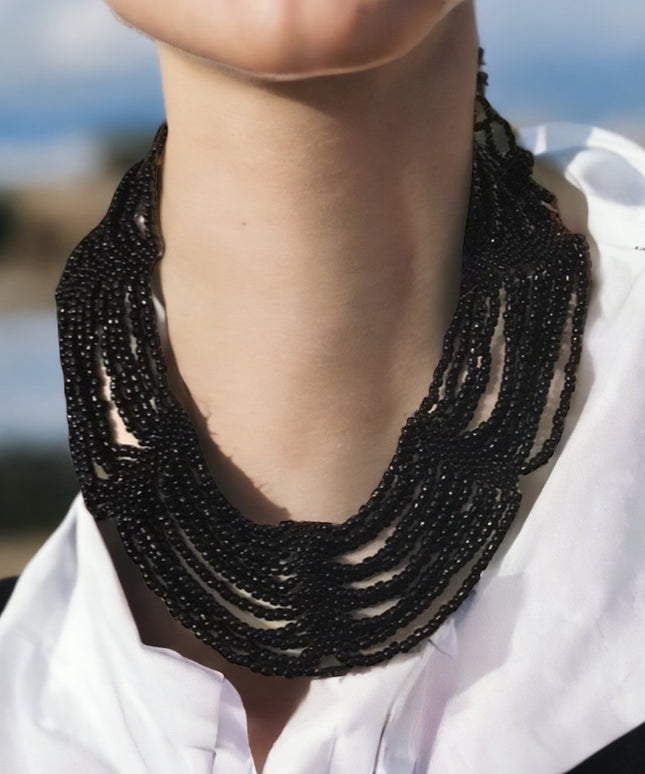 Vintage black micro bead cleopatra necklace choker multi strand thick