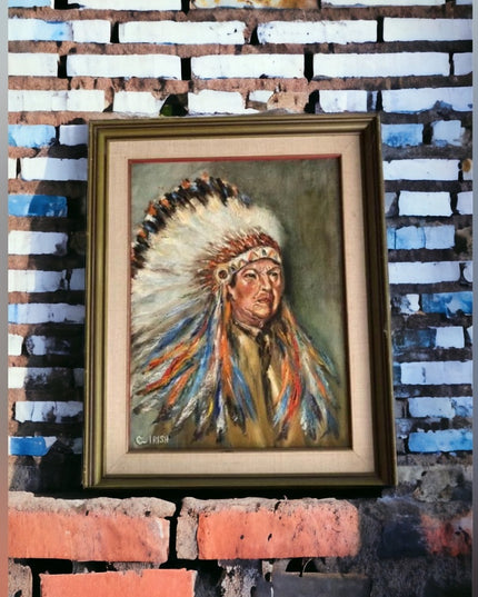 Vintage Indian Chief Signed oil painting Framed