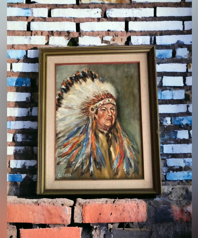 Vintage Indian Chief Signed oil painting Framed