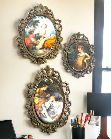 LOT of 3 Metal 1950s Silk print  Italy Fabric Wall hanging Victorian Scenes