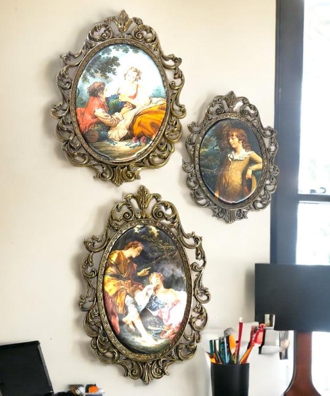 LOT of 3 Metal 1950s Silk print  Italy Fabric Wall hanging Victorian Scenes