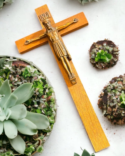 Vintage wood & copper Crucifix Jesus Religious
