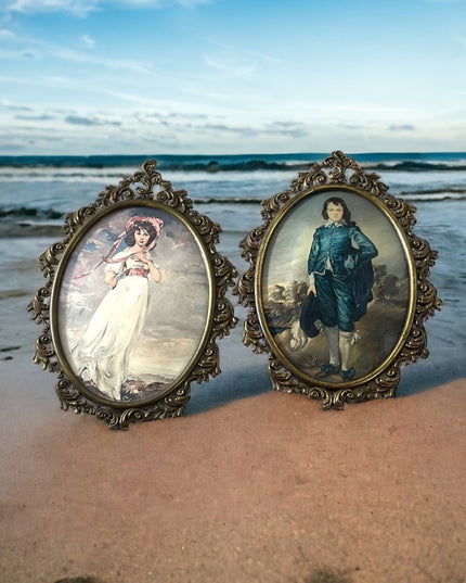 Vintage Ornate Metal framed Pinky & Blue Boy Italian Convex glass frame prints