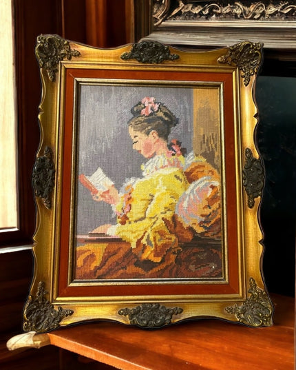 Vintage Large ornate gold  wood Framed velvet Girl Reading needle point picture