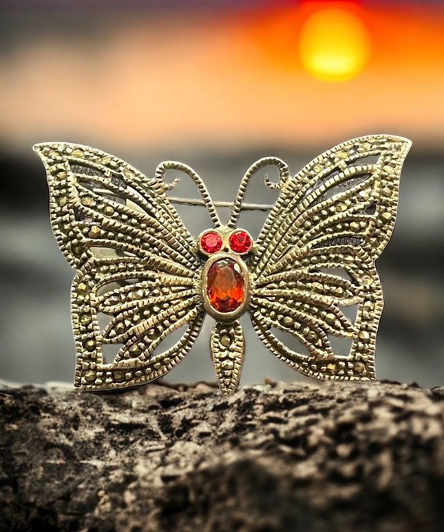Vintage Sterling silver 925 Marcasite Garnet Butterfly brooch