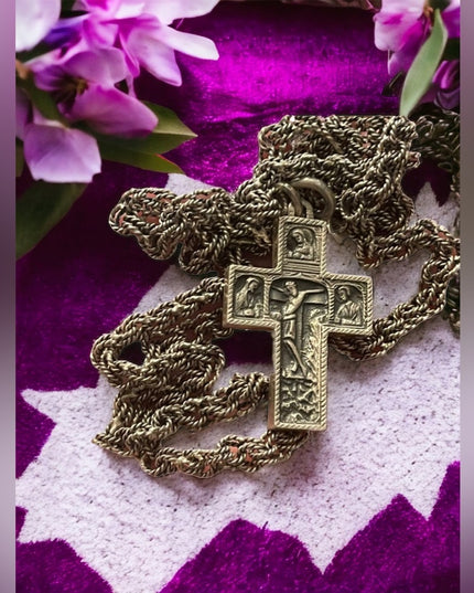 Antique Storybook cross religious bible crucifix silver HEAVY chain necklace