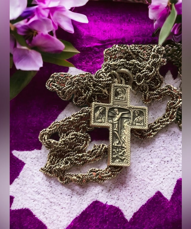 Antique Storybook cross religious bible crucifix silver HEAVY chain necklace